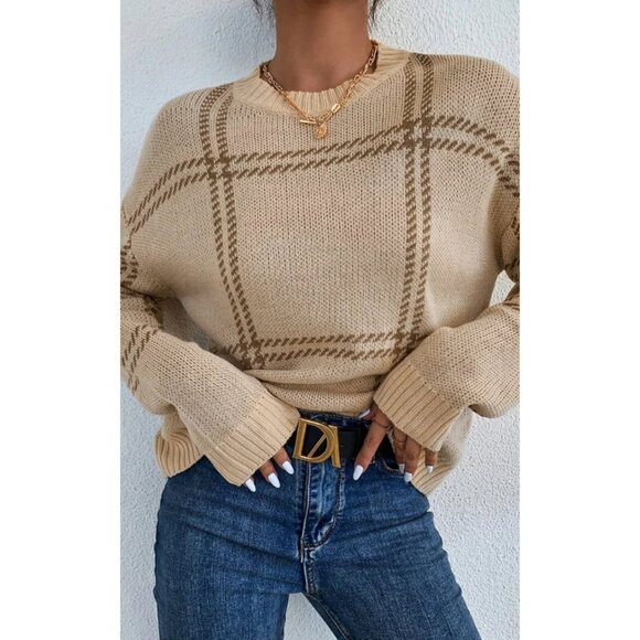 Sweaters - #17 Khaki Plaid Pattern Knitted Drop Shoulder Sweater
